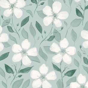 Watercolor white flowers with green mint background (medium size version)