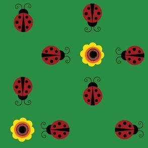 Ladybugs and flowers with dark green background