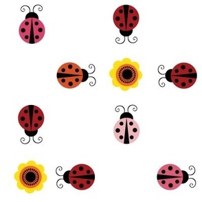 Red Ladybugs on white background with yellow flowers