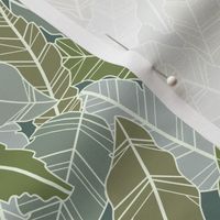 Overlapping sage green leaves - line artwork dense foliage pattern - small scale
