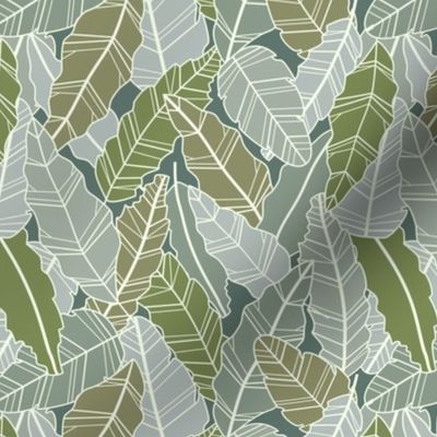 Overlapping sage green leaves - line artwork dense foliage pattern - small scale