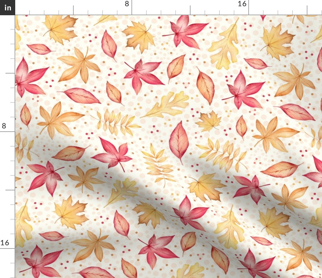 Large Scale Fall Breeze Autumn Leaves Coral Tan and Ivory Floating Leaves on Ivory