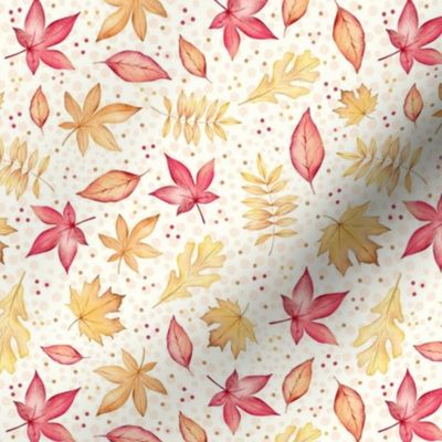 Medium Scale Fall Breeze Autumn Leaves Coral Tan and Ivory Floating Leaves on Ivory