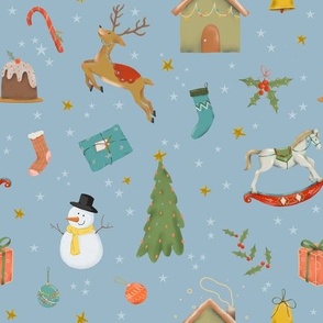(medium) Cute traditional christmas, handdrawn snowman, reindeer, tree, gifts etc. with stars on blue (medium scale)