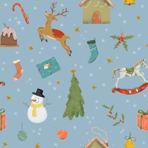 (small) Cute traditional christmas, handdrawn snowman, reindeer, tree, gifts etc. with stars on blue (small scale) 