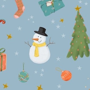 (large) Cute traditional christmas, handdrawn snowman, reindeer, tree, gifts etc. with stars on blue (large scale) 