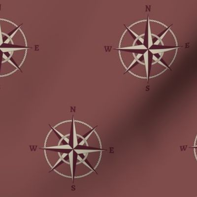 3" compass rose and rope in maroon and cream on greyed red