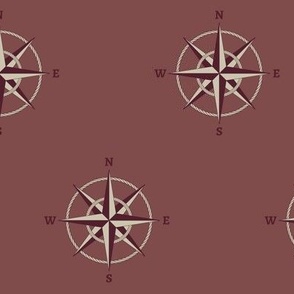 3" compass rose and rope in maroon and cream on greyed red