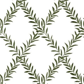 Small Leafy Trellis Olive Green on White 