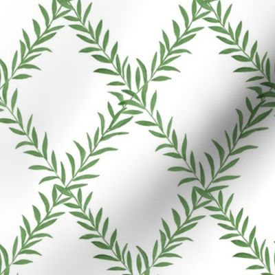 Small Leafy Trellis Green on White 