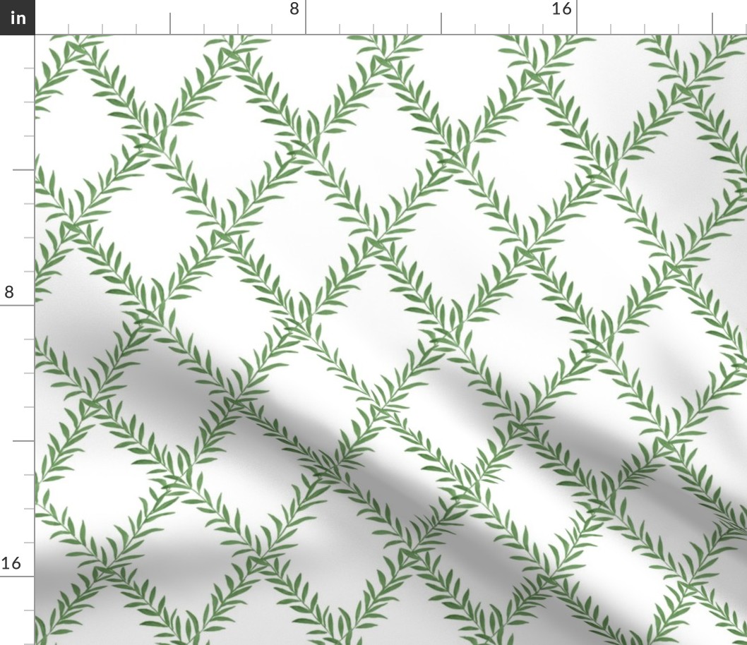 Small Leafy Trellis Green on White 