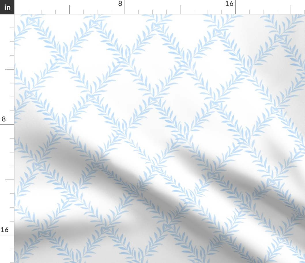 Small Leafy Trellis Sky Blue on White 