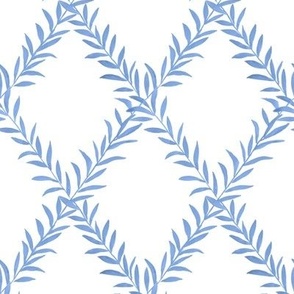 Small Leafy Trellis Cornflower Blue on White 