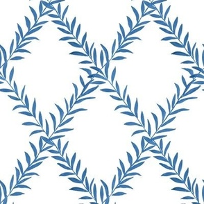 Small Leafy Trellis Blue on White 