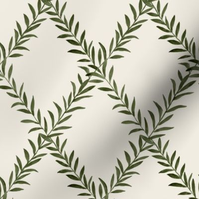 Small Leafy Trellis Olive on Cream 