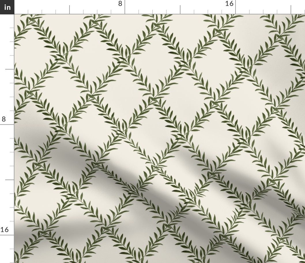 Small Leafy Trellis Olive on Cream 