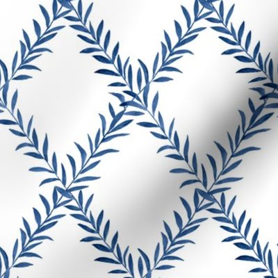 Small Leafy Trellis Blue on White 