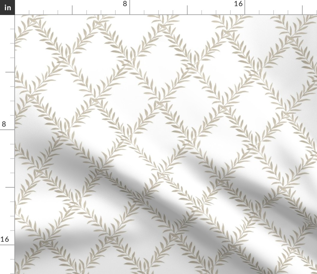 Small Leafy Trellis Beige on White 