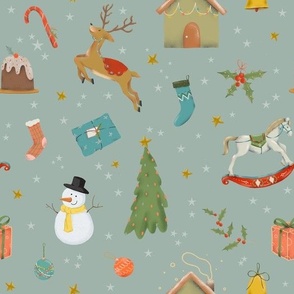 (medium) Cute traditional christmas, handdrawn snowman, reindeer, tree, gifts etc. WITH STARS on teal (medium scale) 