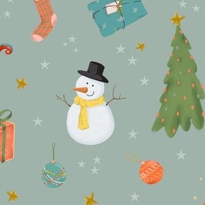 (large) Cute traditional christmas, handdrawn snowman, reindeer, tree, gifts etc. WITH STARS on teal (large scale) 