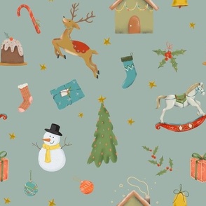 (medium) Cute traditional christmas, handdrawn snowman, reindeer, tree, gifts etc. on teal (medium scale) 