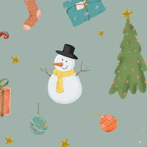 (large) Cute traditional christmas, handdrawn snowman, reindeer, tree, gifts etc. on teal (large  scale) 