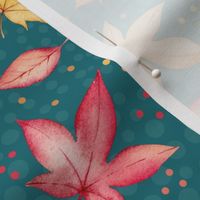 Large Scale Fall Breeze Autumn Leaves Coral Tan and Ivory Floating Leaves on Turquoise