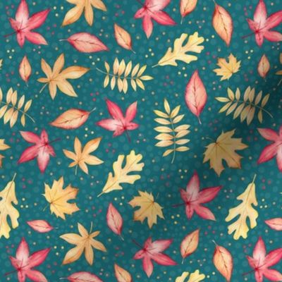 Medium Scale Fall Breeze Autumn Leaves Coral Tan and Ivory Floating Leaves on Turquoise