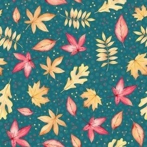 Medium Scale Fall Breeze Autumn Leaves Coral Tan and Ivory Floating Leaves on Turquoise