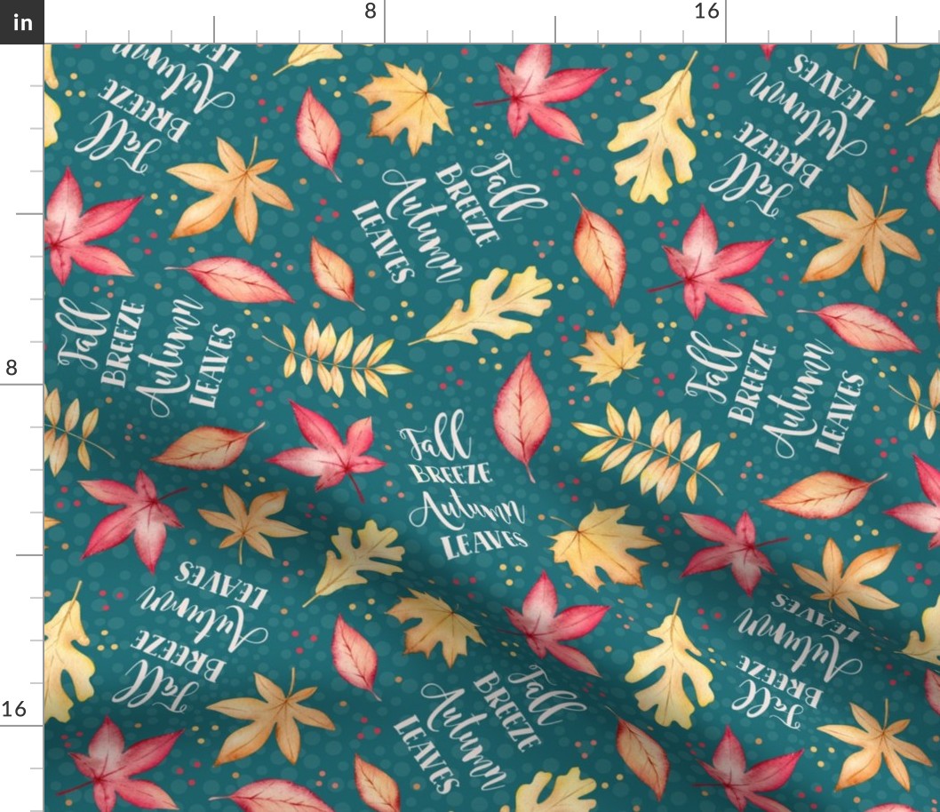 Large Scale Fall Breeze Autumn Leaves Coral Tan and Ivory Floating Leaves on Turquoise