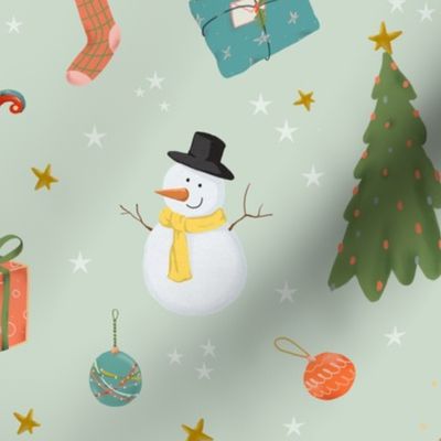 (large) Cute traditional christmas, handdrawn snowman, reindeer, tree, gifts etc. WITH STARS on mint (large scale) 