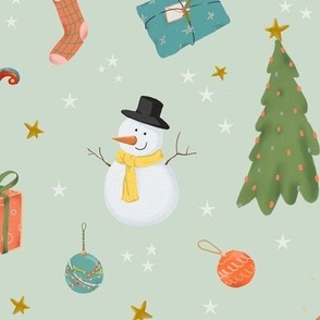 (large) Cute traditional christmas, handdrawn snowman, reindeer, tree, gifts etc. WITH STARS on mint (large scale) 