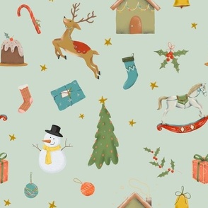 (medium) Cute traditional christmas, handdrawn snowman, reindeer, tree, gifts etc. on mint (medium  scale) 