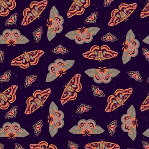 Purple orange olive green moths pattern