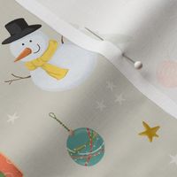 (medium) Cute traditional christmas, handdrawn snowman, reindeer, tree, gifts etc. WITH STARS on taupe (medium scale) 
