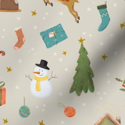 (medium) Cute traditional christmas, handdrawn snowman, reindeer, tree, gifts etc. WITH STARS on taupe (medium scale) 