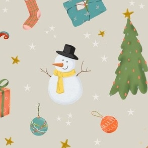 (large) Cute traditional christmas, handdrawn snowman, reindeer, tree, gifts etc. WITH STARS on taupe (large scale) 