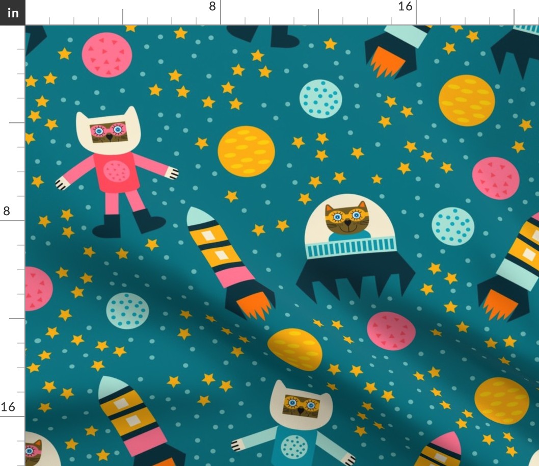 Cats-explore-outer-space---M---DARK-retro-BLUE-pink-orange-yellow---MEDIUM