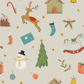 (medium) Cute traditional christmas, handdrawn snowman, reindeer, tree, gifts etc. on taupe (medium scale) 