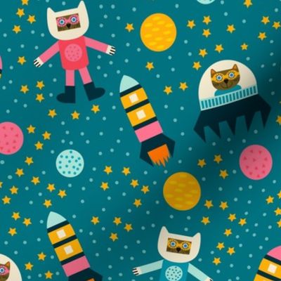 Cats-explore-outer-space---S---DARK-retro-BLUE-pink-orange-yellow---SMALL