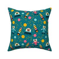 Cats-explore-outer-space---S---DARK-retro-BLUE-pink-orange-yellow---SMALL