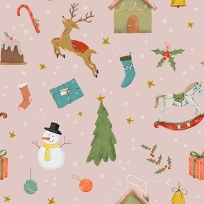 (medium) Cute traditional christmas, handdrawn snowman, reindeer, tree, gifts etc. WITH STARS on dusty pink (medium scale) 