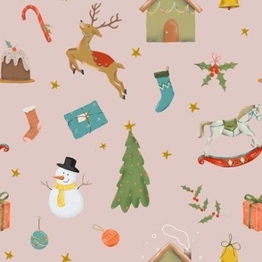 (small) Cute traditional christmas, handdrawn snowman, reindeer, tree, gifts etc. on dusty pink (small scale) 