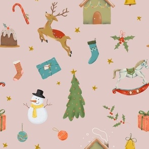 (medium) Cute traditional christmas, handdrawn snowman, reindeer, tree, gifts etc. on dusty pink (medium scale) 