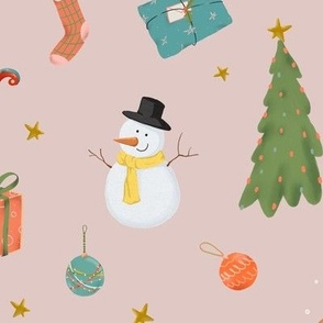 (large) Cute traditional christmas, handdrawn snowman, reindeer, tree, gifts etc. on dusty pink (large scale) 