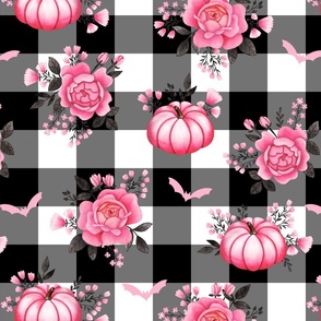 Pumpkins, Bats and Pink Florals on Black Gingham - Pastel Halloween