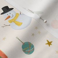 (medium) Cute traditional christmas, handdrawn snowman, reindeer, tree, gifts etc. WITH STARS on ivory (medium  scale)  