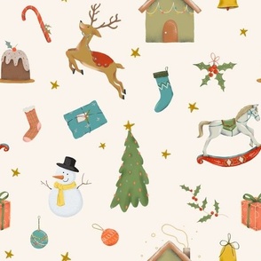 (medium) Cute traditional christmas, handdrawn snowman, reindeer, tree, gifts etc. on ivory (medium scale) 