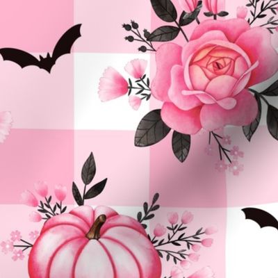 Pumpkins, Bats and Pink Florals on Pink Gingham - Pastel Halloween