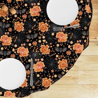 Bats, Spiderwebs and Orange Peony Roses on Black - Pastel Halloween